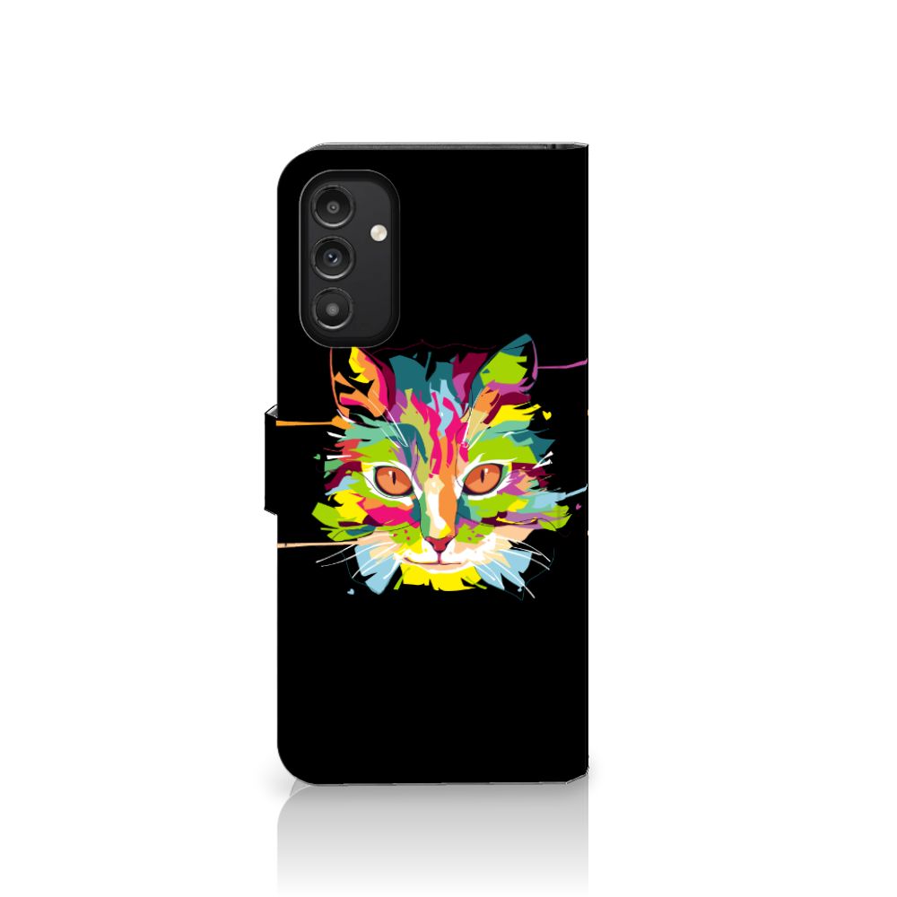 Samsung Galaxy A14 4G Leuk Hoesje Cat Color met kleurrijk kattenontwerp op zwarte achtergrond.