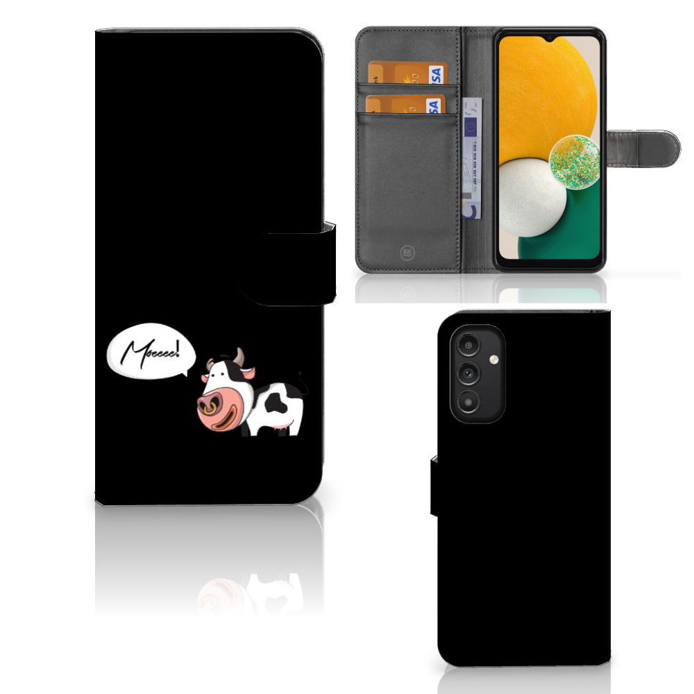 Samsung Galaxy A14 4G Leuk Hoesje Cow met leuk koeien ontwerp, pasjesvak en briefgeldvak.