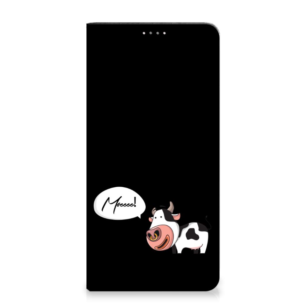 Samsung Galaxy A14 4G Magnet Case Cow with a cartoon cow design and speech bubble saying 'Moo!'. Black background.