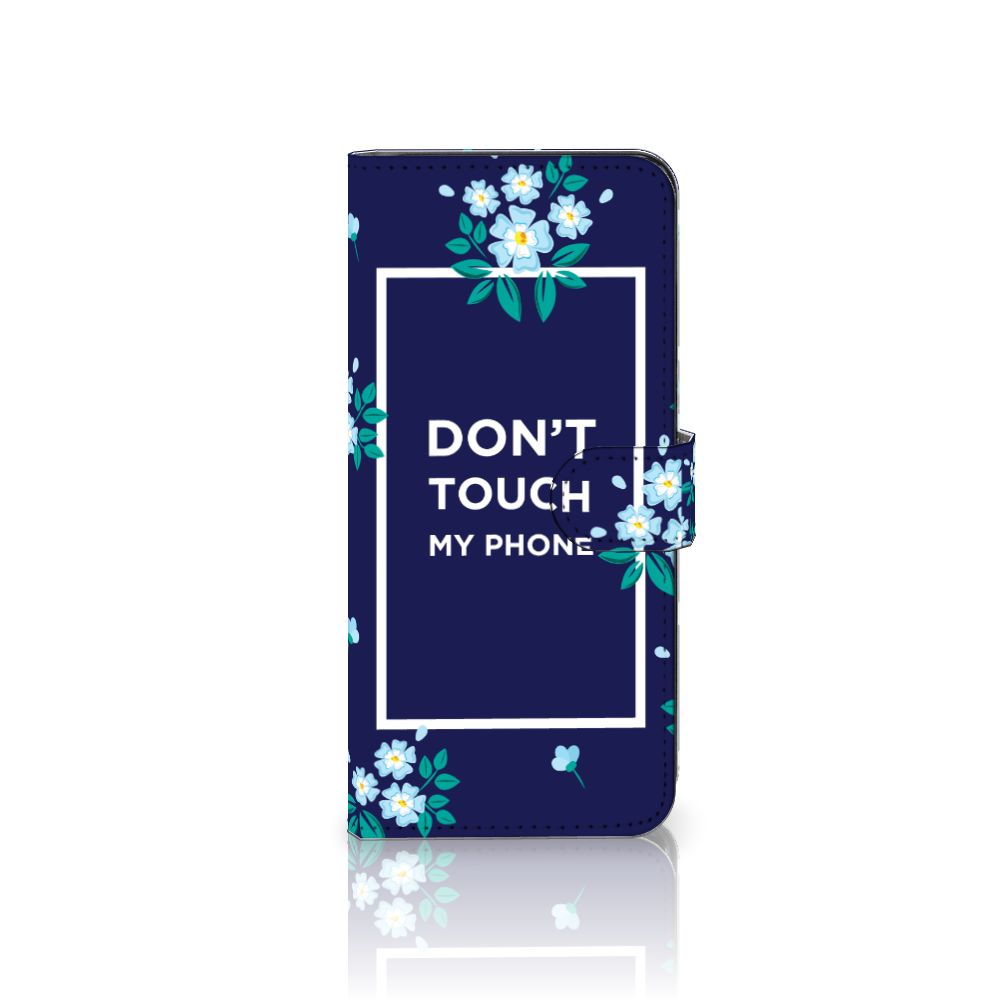 Samsung Galaxy A14 4G Portemonnee Hoesje Flowers Blue DTMP met bloemenprint en tekst 'DON'T TOUCH MY PHONE'