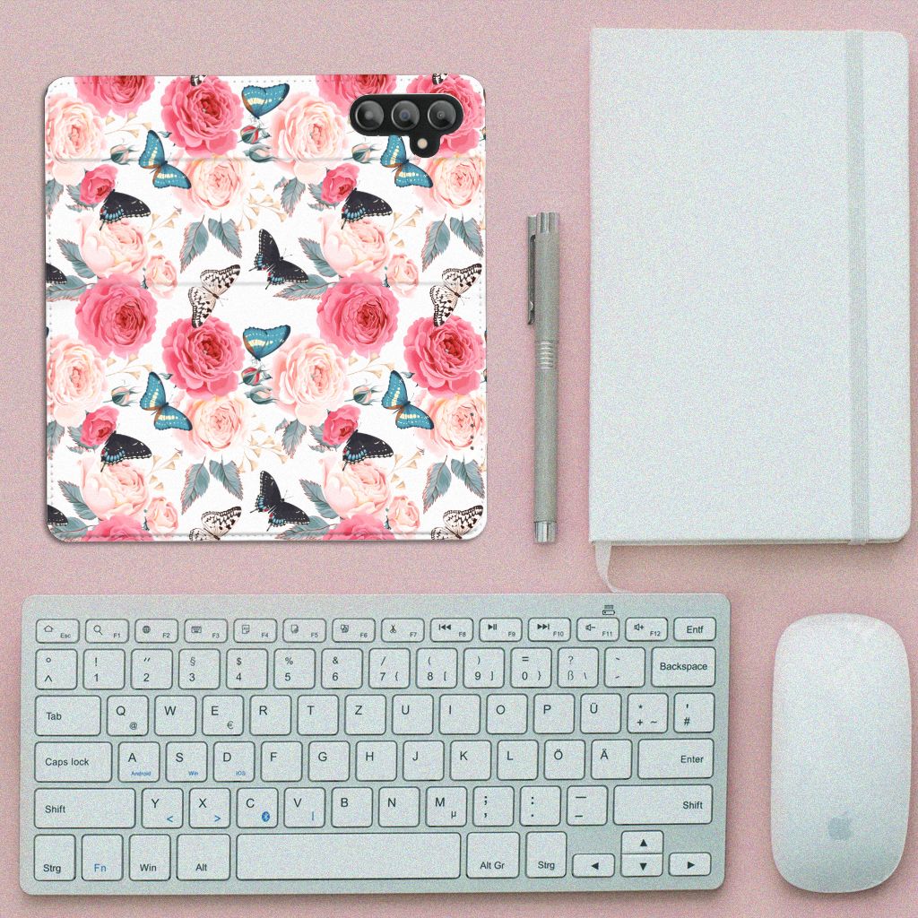 Samsung Galaxy A14 4G Smart Cover Butterfly Roses bovenaanzicht design bloemen vlinders