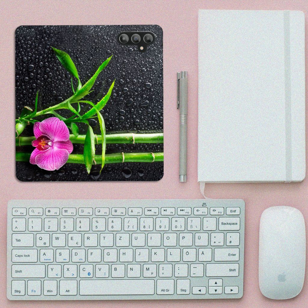 Samsung Galaxy A14 4G Smart Cover Orchidee with bamboo and orchid design on a stylish workspace.