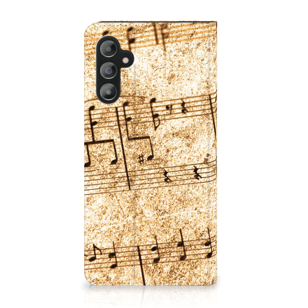 Samsung Galaxy A14 4G Stand Case Bladmuziek met bladmuziekdesign op een beige achtergrond.