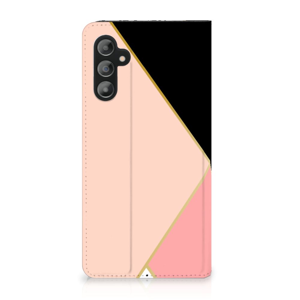 Samsung Galaxy A14 4G Stand Case Zwart Roze Vormen met geometrisch design in zwart, roze en wit.