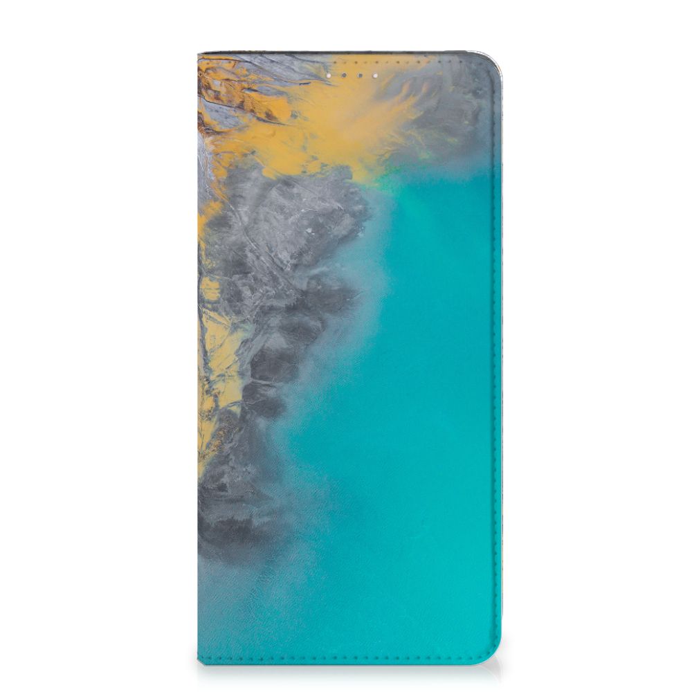 Samsung Galaxy A14 4G Standcase Marble Blue Gold met marmerachtig ontwerp in blauw en goud.