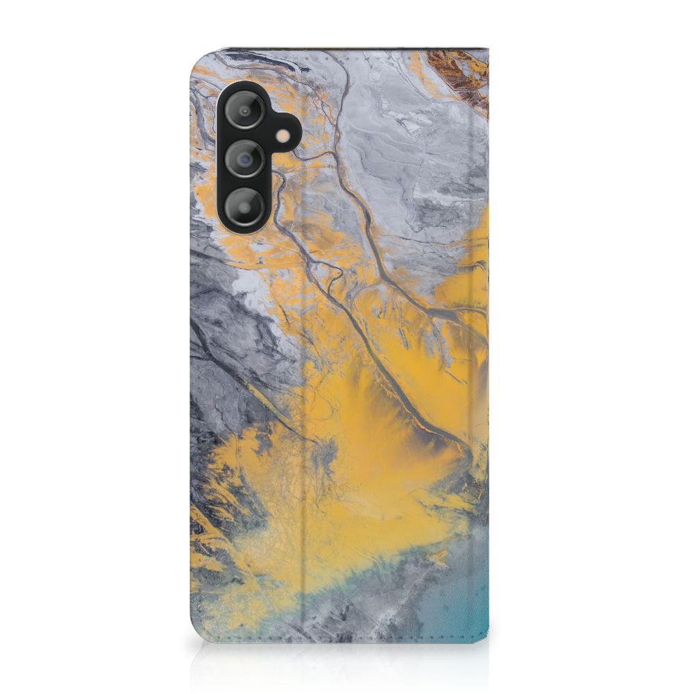 Samsung Galaxy A14 4G Standcase Marble Blue Gold met een uniek marmerdesign in blauw en goud