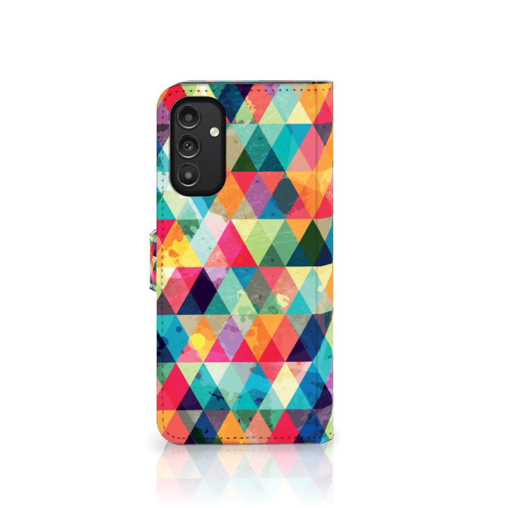 Samsung Galaxy A14 4G Telefoon Hoesje Geruit met kleurrijk ruitjesdesign en ruimte voor 3 pasjes.