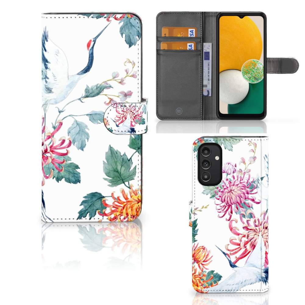 Samsung Galaxy A14 4G Telefoonhoesje met Pasjes Bird Flowers met kleurrijke ooievaar en bloemen design.