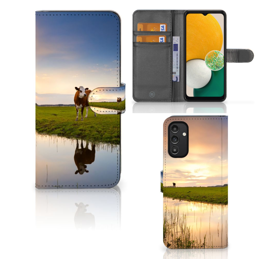 Samsung Galaxy A14 4G Telefoonhoesje met Pasjes Koe in landschap met koe en reflectie in water.