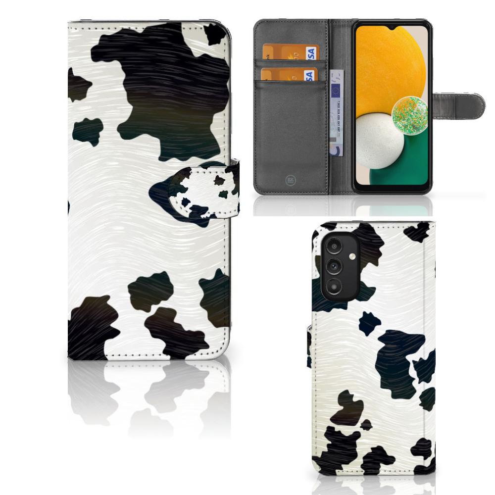 Samsung Galaxy A14 4G Telefoonhoesje met Pasjes Koeienvlekken in zwart-wit ontwerp met magnetisch lipje.