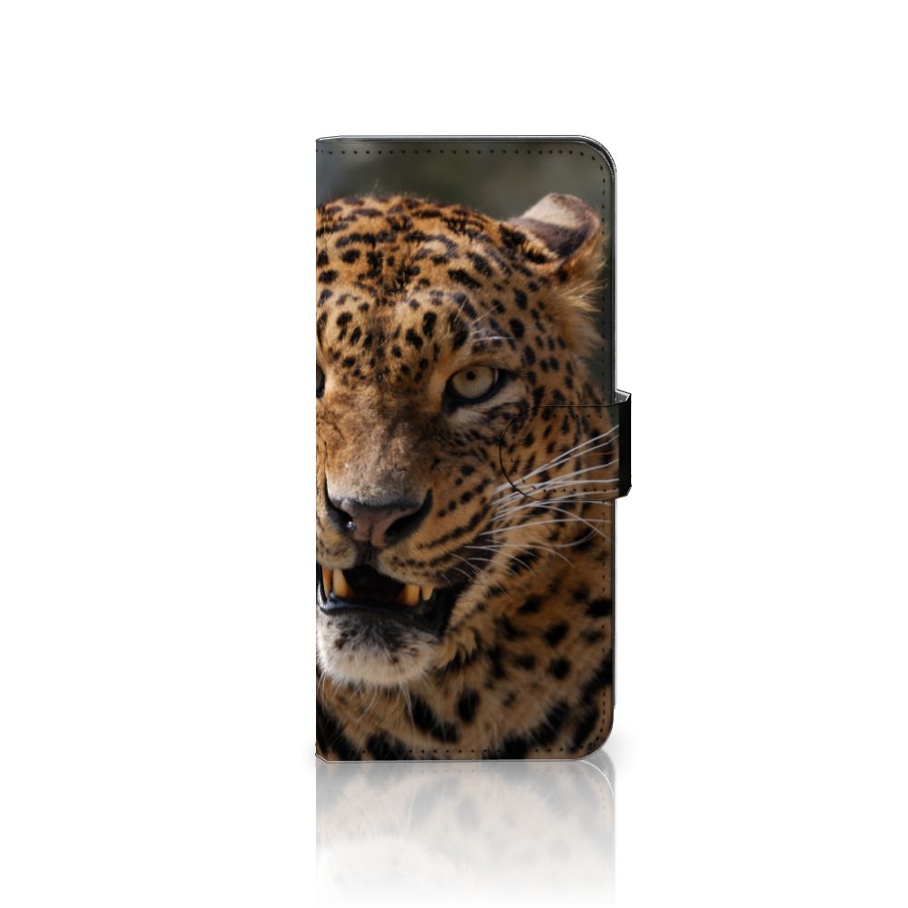 Samsung Galaxy A14 4G Telefoonhoesje met Pasjes Luipaard met afbeelding van een luipaard gezicht.