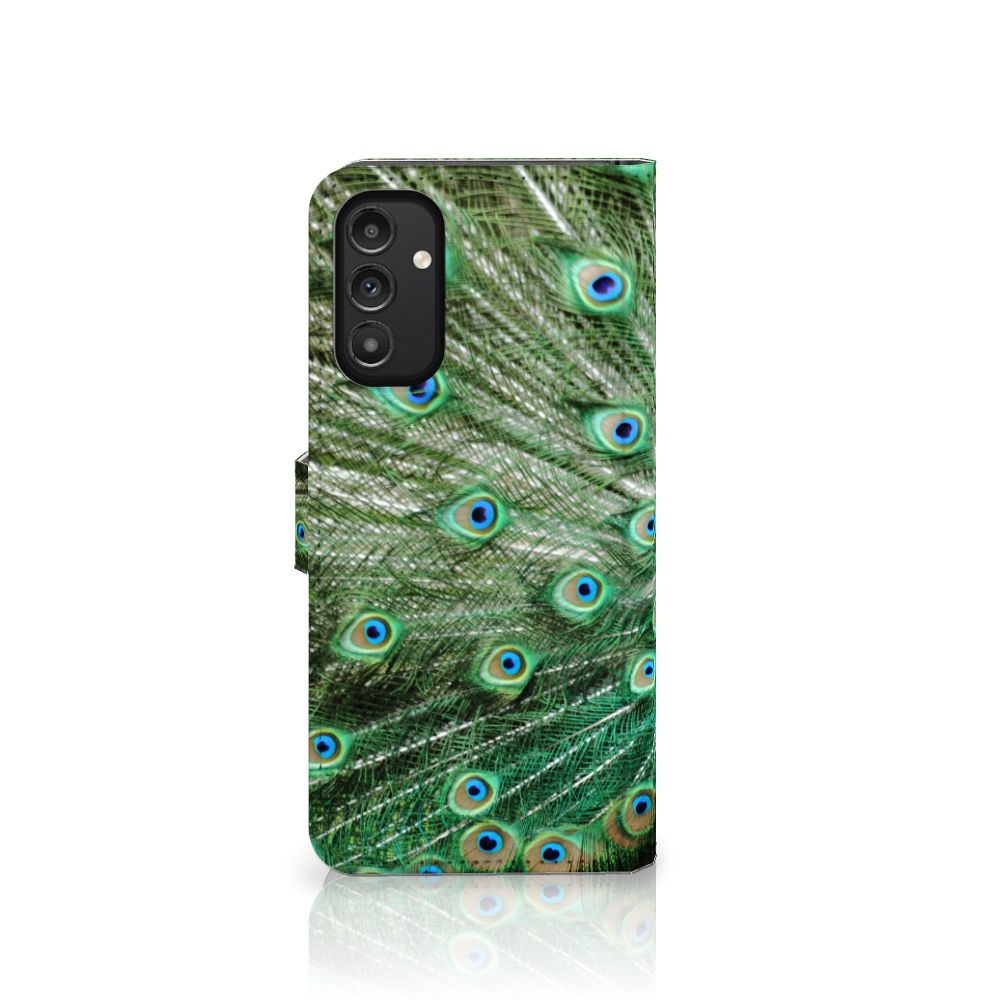 Samsung Galaxy A14 4G Telefoonhoesje met Pasjes Pauw met een prachtig pauwenveren ontwerp.