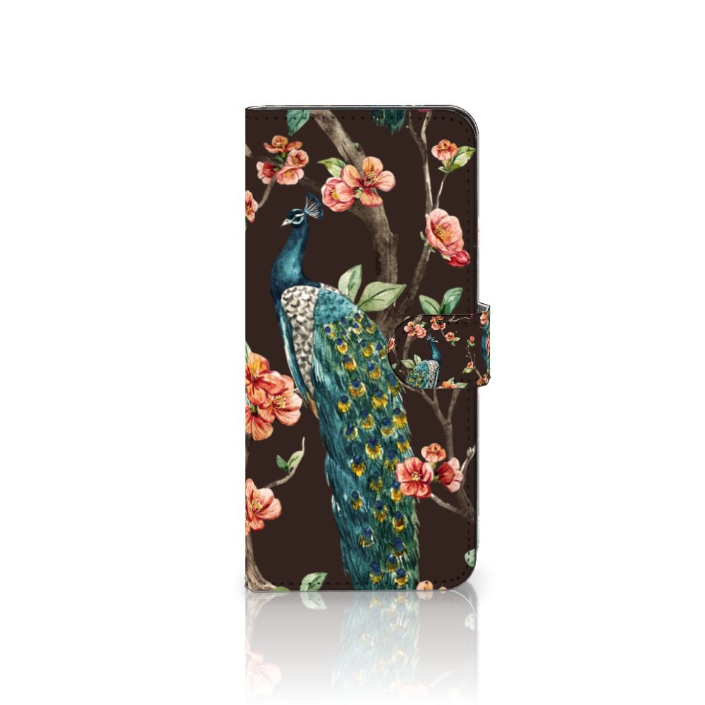 Samsung Galaxy A14 4G Telefoonhoesje met Pasjes Pauw met Bloemen, kleurrijk ontwerp met pauw en bloemen op een donkere achtergrond.