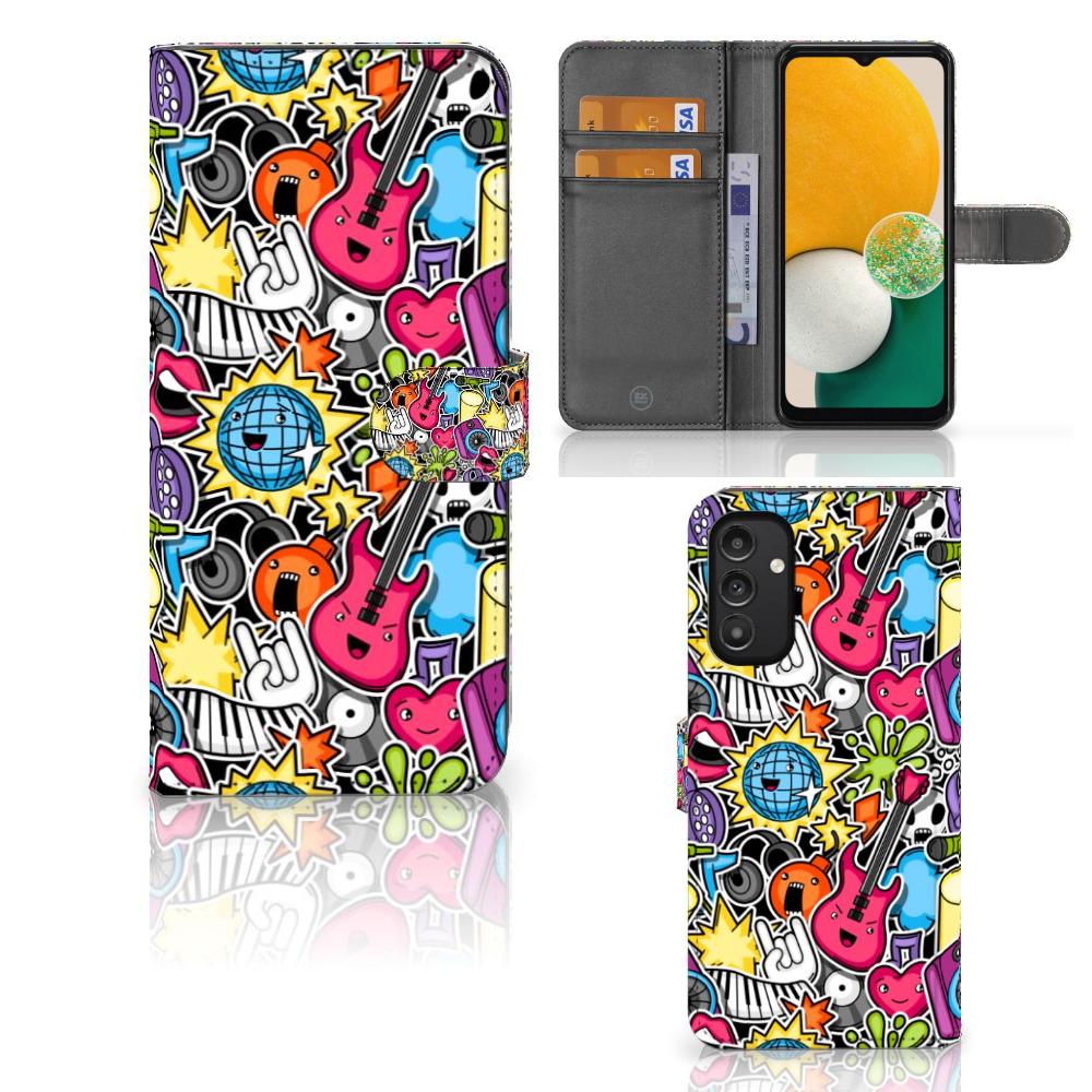 Samsung Galaxy A14 4G Wallet Case met Pasjes Punk Rock met kleurrijke grafische ontwerpen van gitaren en discoballen.