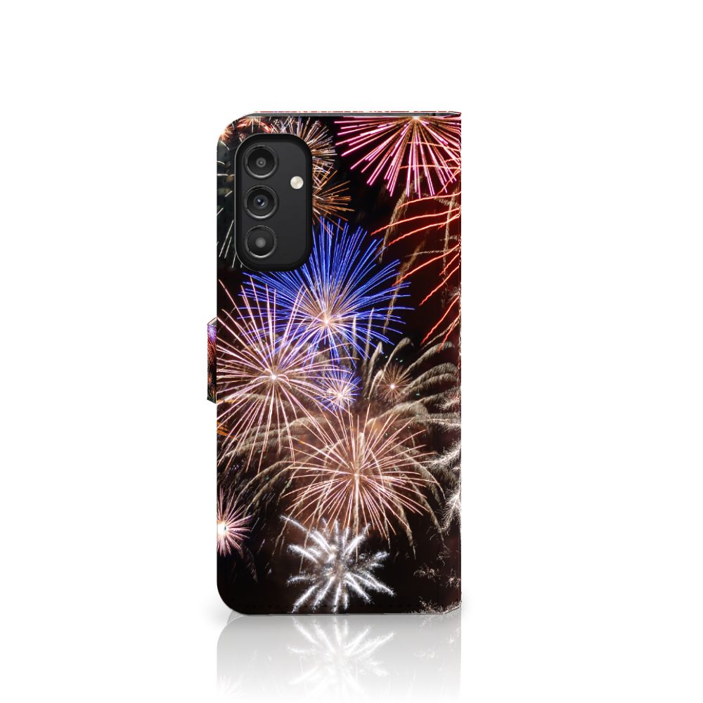 Samsung Galaxy A14 4G Wallet Case met Pasjes Vuurwerk met een kleurrijke vuurwerkprint op de voorkant.