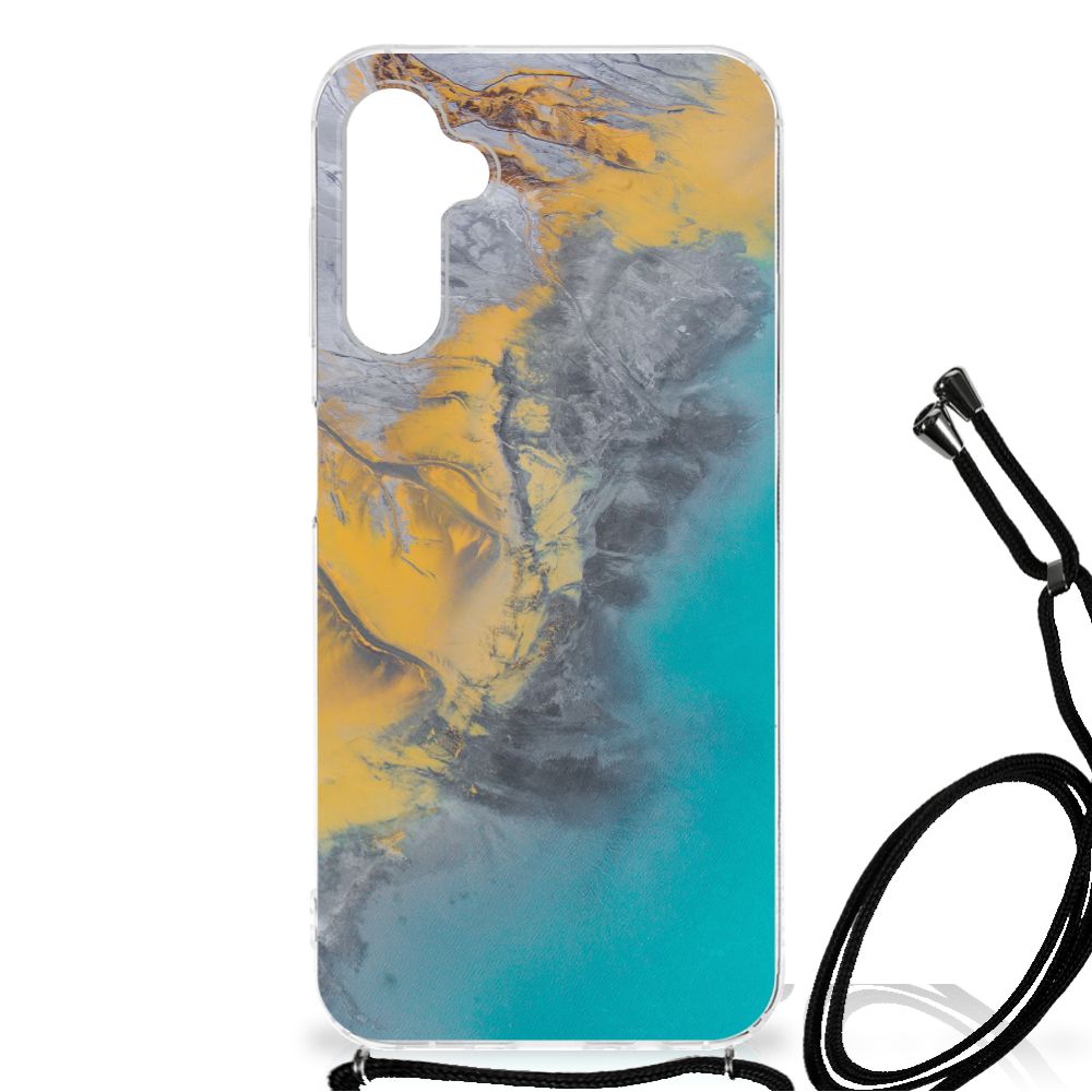Samsung Galaxy A14 5G Anti-Shock Hoesje Marble Blue Gold met een uniek marmerdesign in blauw en goud.