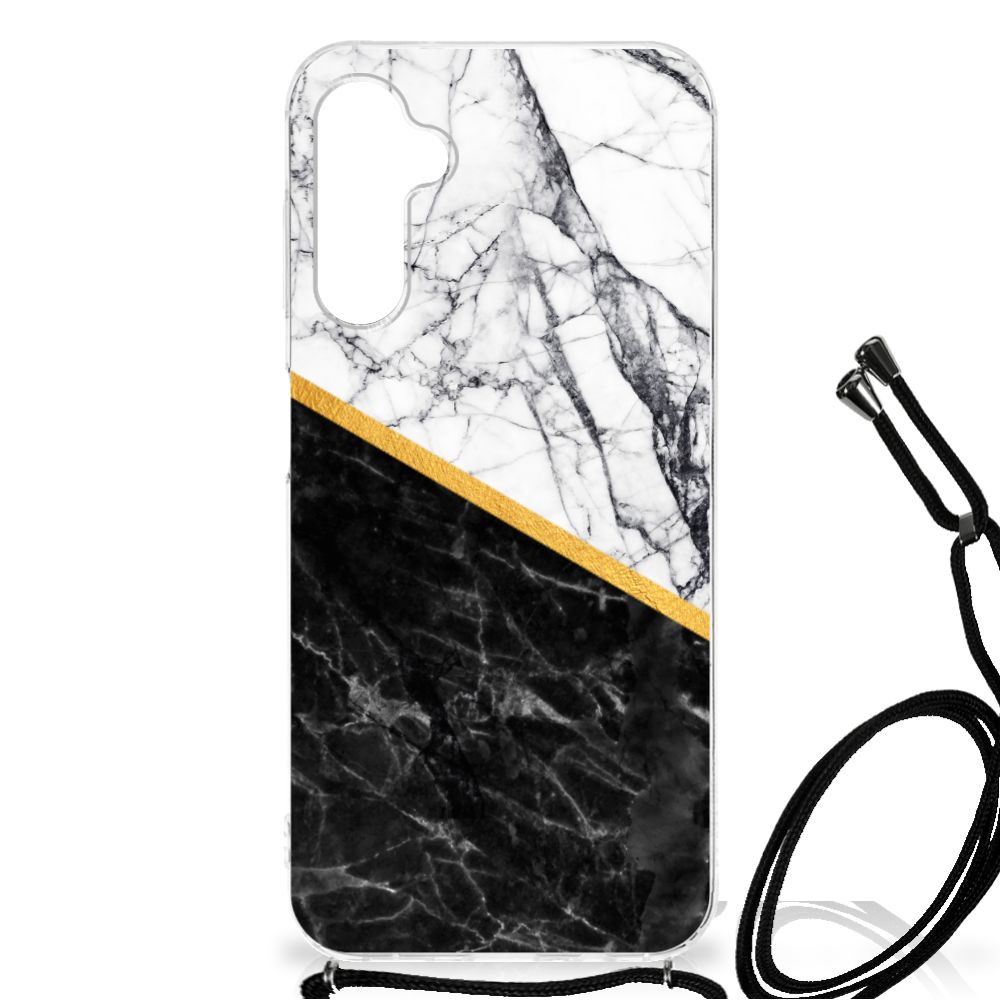 Samsung Galaxy A14 5G Anti-Shock Hoesje Marmer Wit Zwart - Origineel Cadeau Man met marmerdesign en zwarte onderkant.