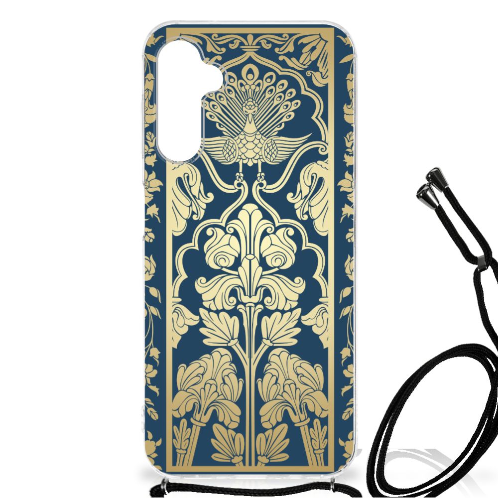 Samsung Galaxy A14 5G Case Beige Flowers with floral peacock design and strap.