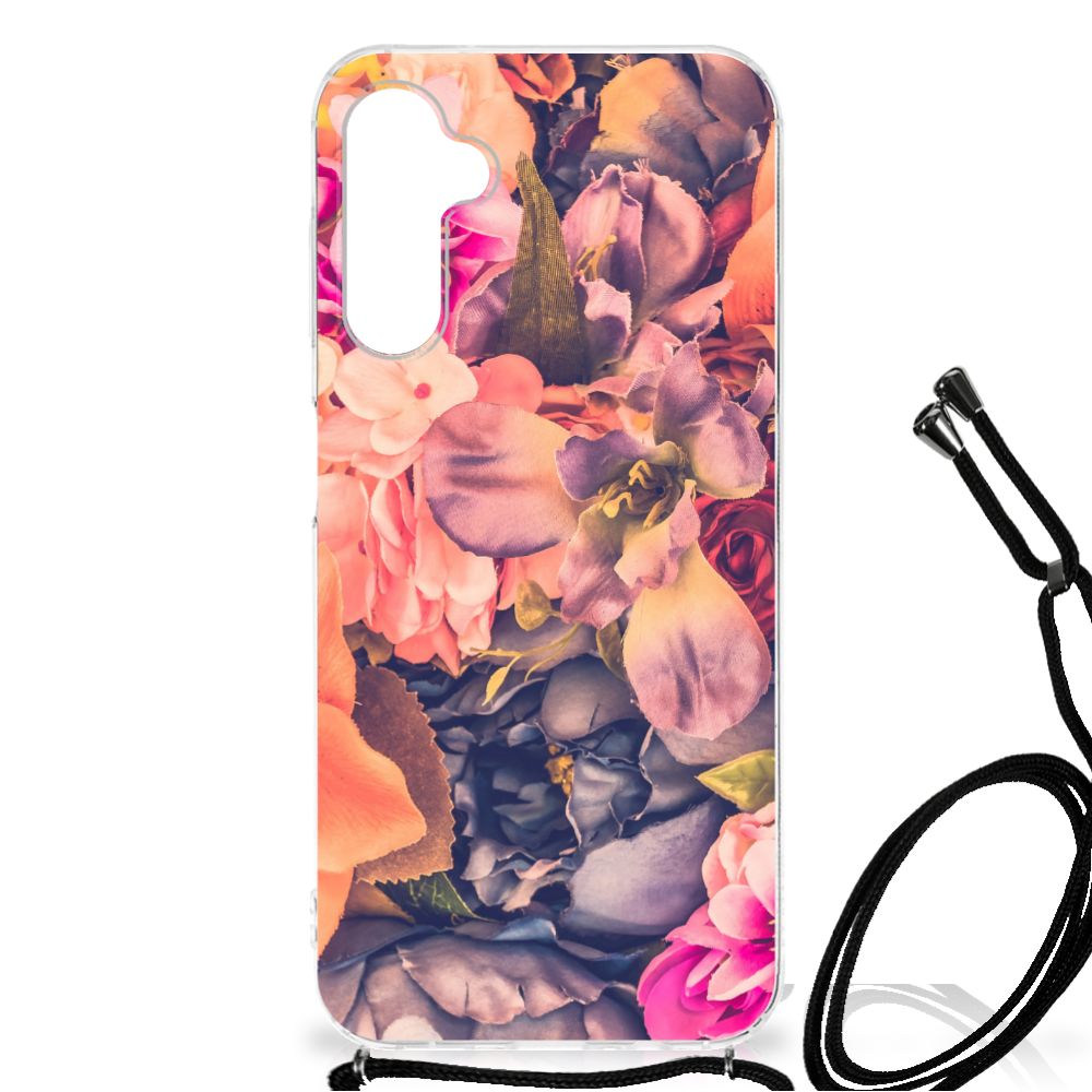 Samsung Galaxy A14 5G Case Bosje Bloemen met kleurrijk bloemenprint en een zwart koord.