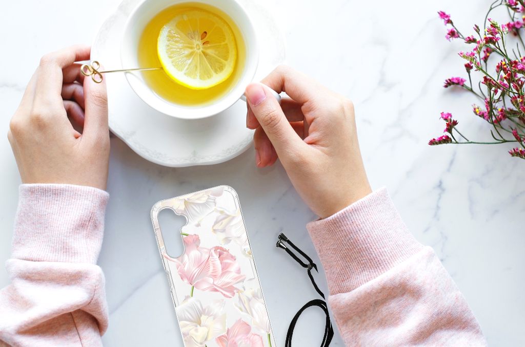 Samsung Galaxy A14 5G Case Lovely Flowers with hands holding a cup of tea and lemon