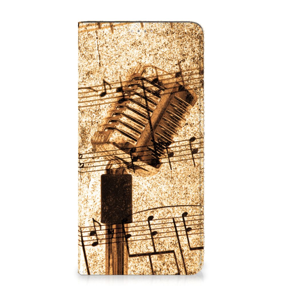 Samsung Galaxy A14 5G Stand Case Bladmuziek met vintage microfoon en bladmuziek design.