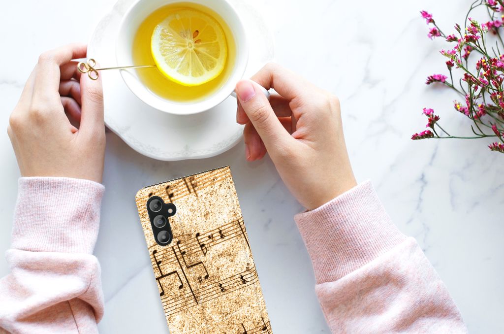 Samsung Galaxy A14 5G Stand Case Bladmuziek met bladmuziekdesign en een kopje thee.