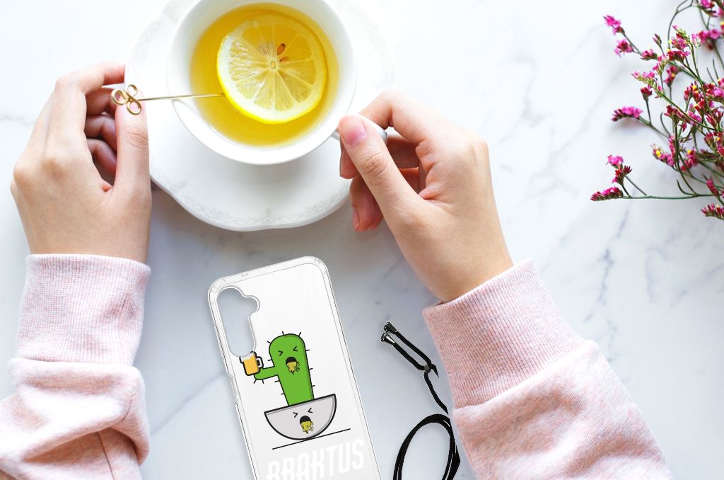 Samsung Galaxy A14 5G Stevig Bumper Hoesje Braktus met cactus design en een drankje op tafel