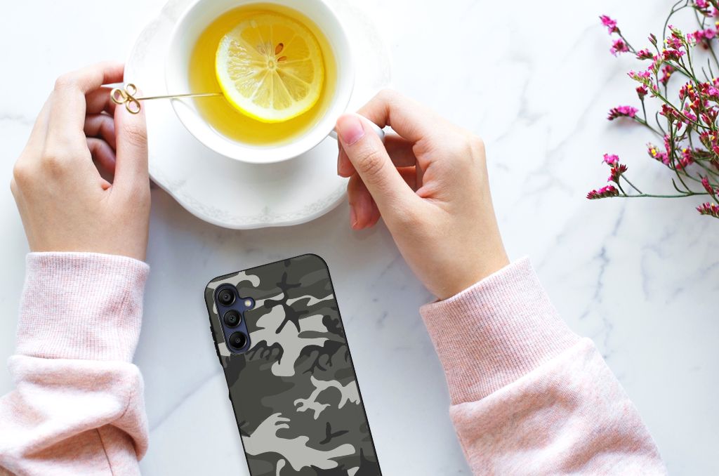 Samsung Galaxy A15 Back Case Army Light camouflage design hands cup lemon tea