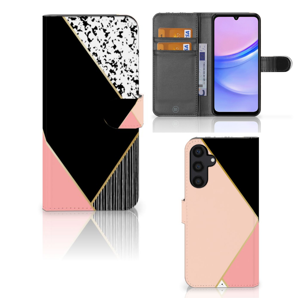 Samsung Galaxy A15 Book Case Zwart Roze Vormen bookcase geometrisch ontwerp aanzicht