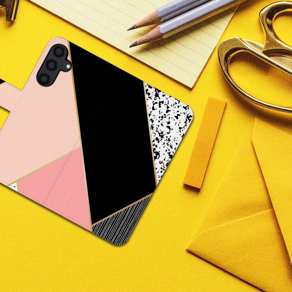 Samsung Galaxy A15 Book Case Zwart Roze Vormen geometrisch ontwerp bovenaanzicht