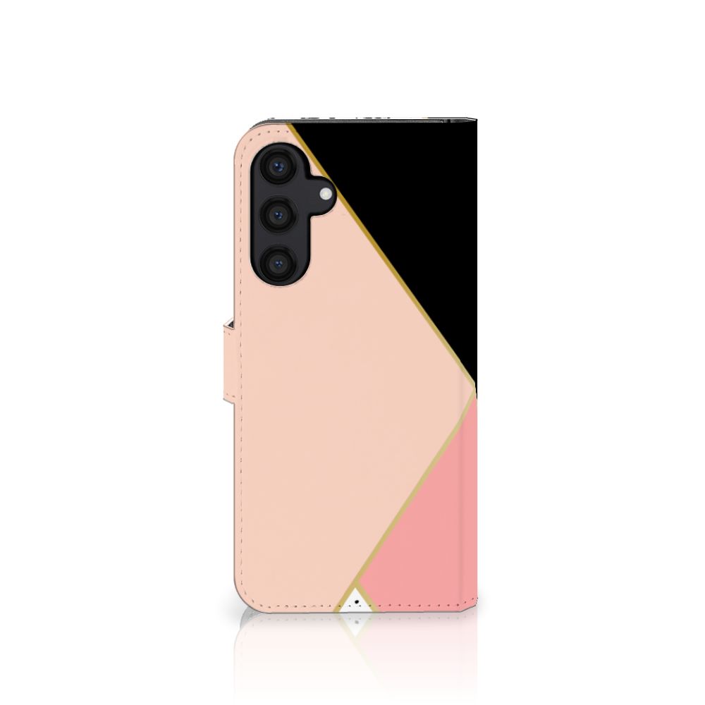 Samsung Galaxy A15 Book Case Zwart Roze Vormen Bookcase geometrisch ontwerp zijaanzicht