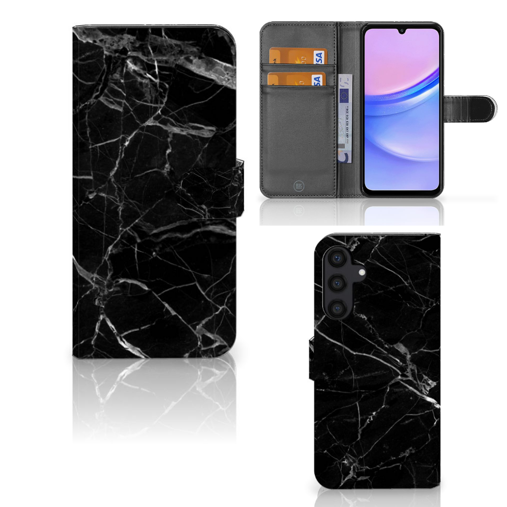 Samsung Galaxy A15 Bookcase Marmer Zwart bookcase zwart marmer aanzicht