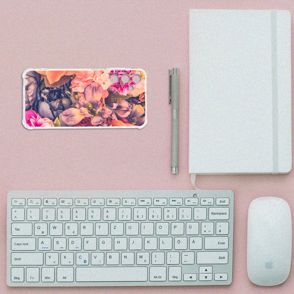 Samsung Galaxy A15 Case Bosje Bloemen bovenaanzicht bureau toetsenbord muis notitieboek