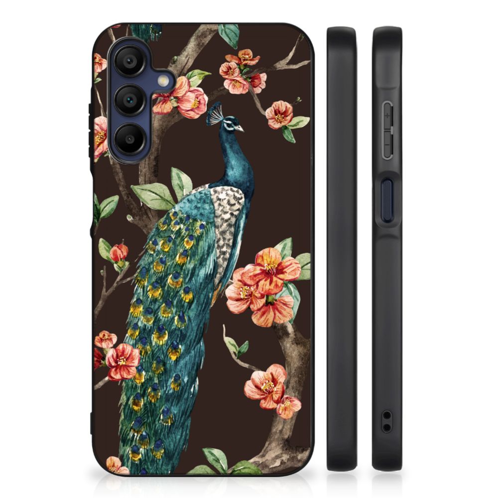 Samsung Galaxy A15 Dierenprint Telefoonhoesje Pauw met Bloemen, kleurrijke pauw op een bloemenachtergrond