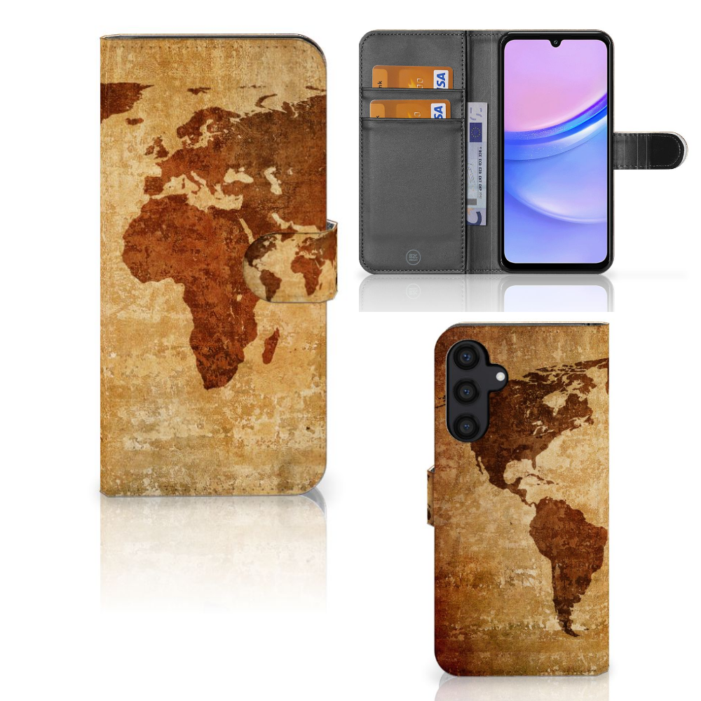 Samsung Galaxy A15 Flip Cover Wereldkaart Flip Cover wereldkaart aanzicht