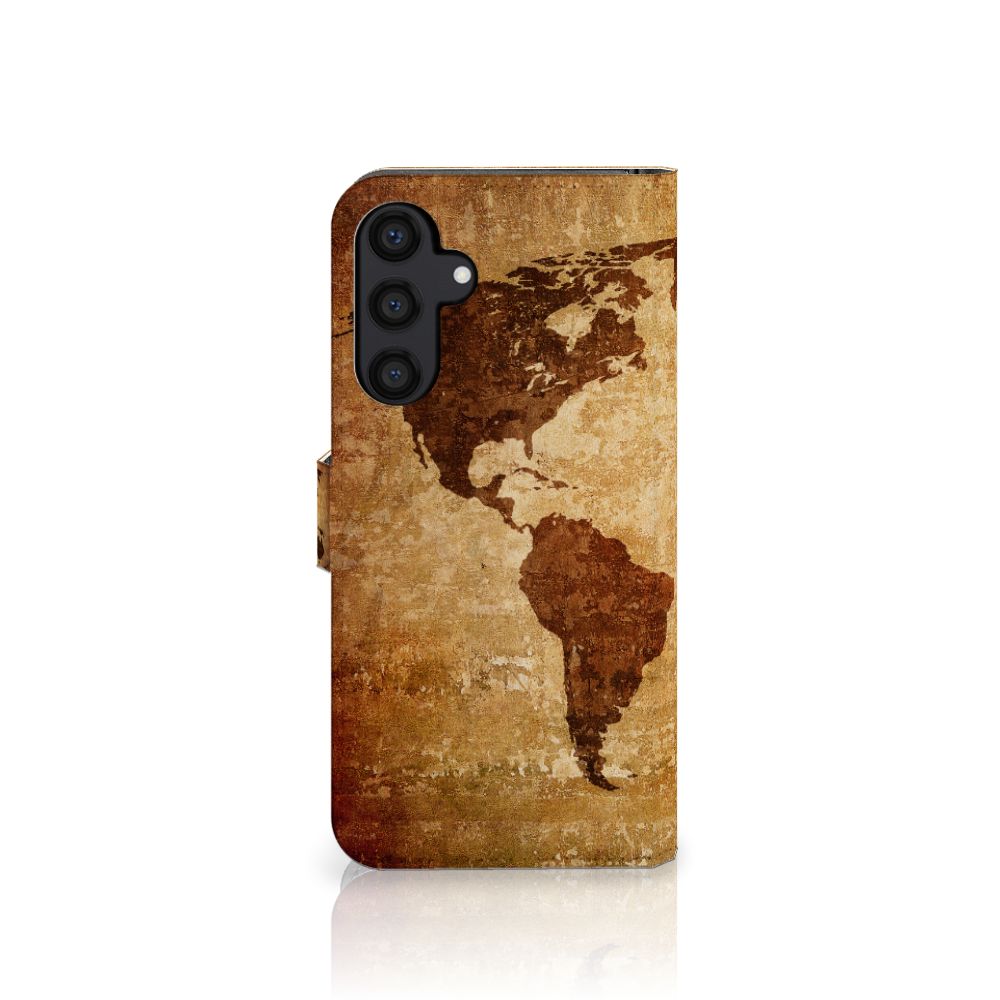 Samsung Galaxy A15 Flip Cover Wereldkaart pasjes beschermhoes wereldkaart bruin