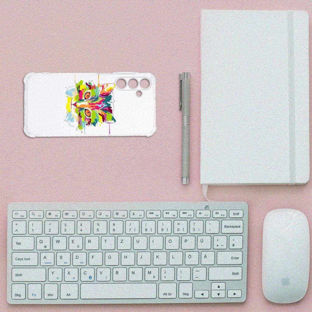 Samsung Galaxy A15 Stevig Bumper Hoesje Cat Color achterkant bureau toetsenbord pen notitieboek