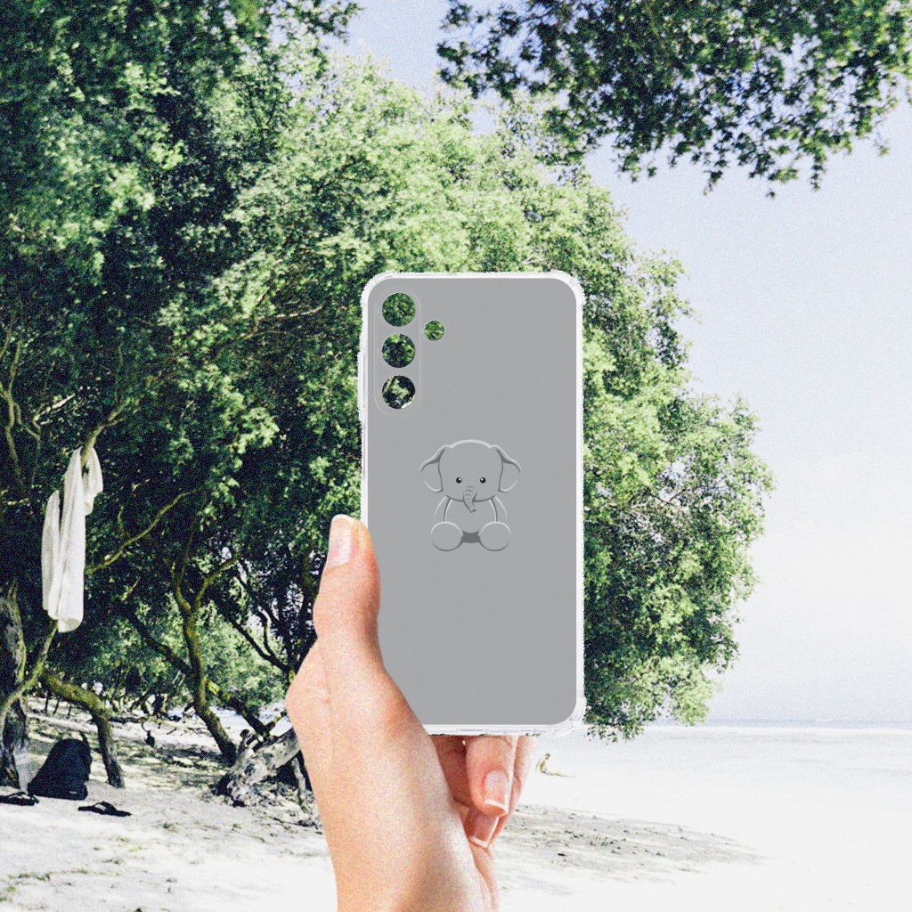 Samsung Galaxy A15 Stevig Bumper Hoesje Grijs Baby Olifant achterkant ontwerp