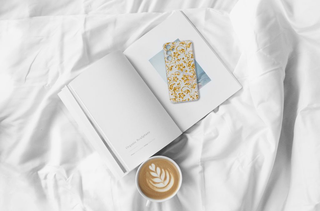 Samsung Galaxy A15 TPU Case Gouden Bloemen design bovenkant boek koffie