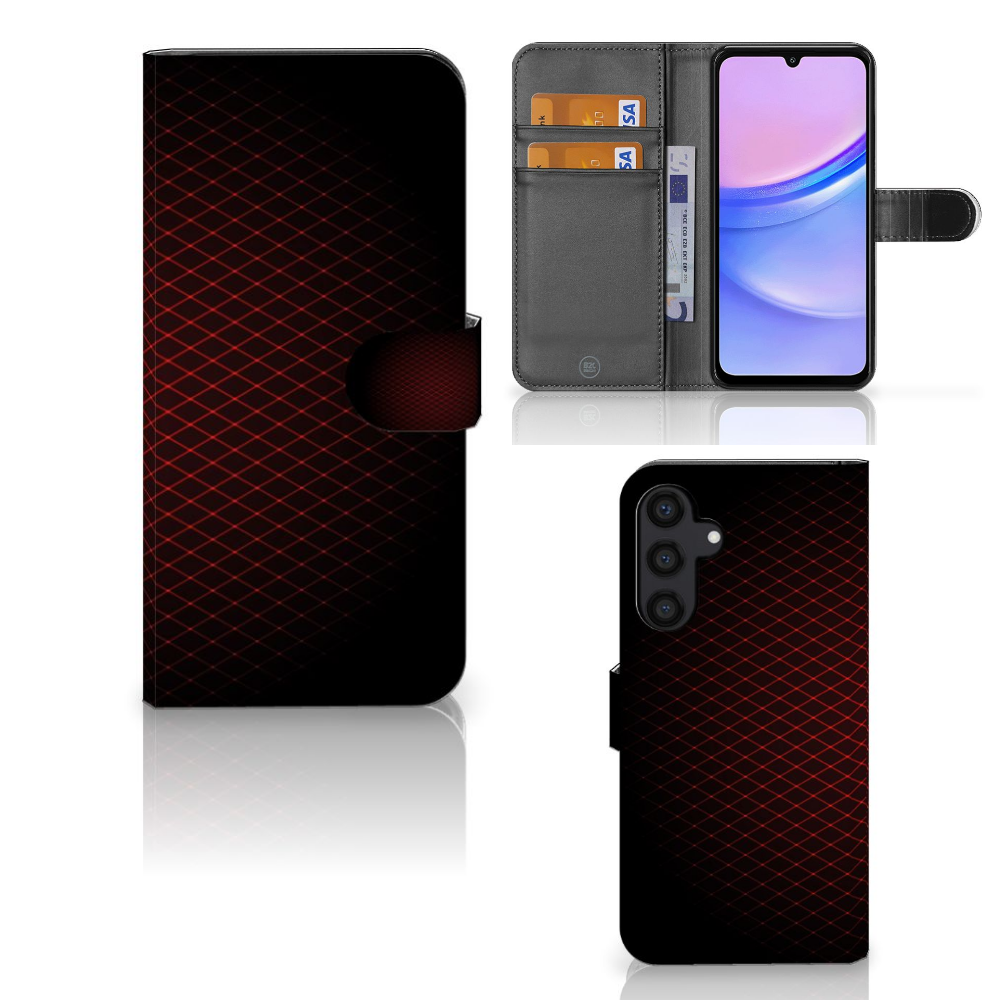 Samsung Galaxy A15 Telefoon Hoesje Geruit Rood met ruimte voor 3 pasjes en minimalistisch design.