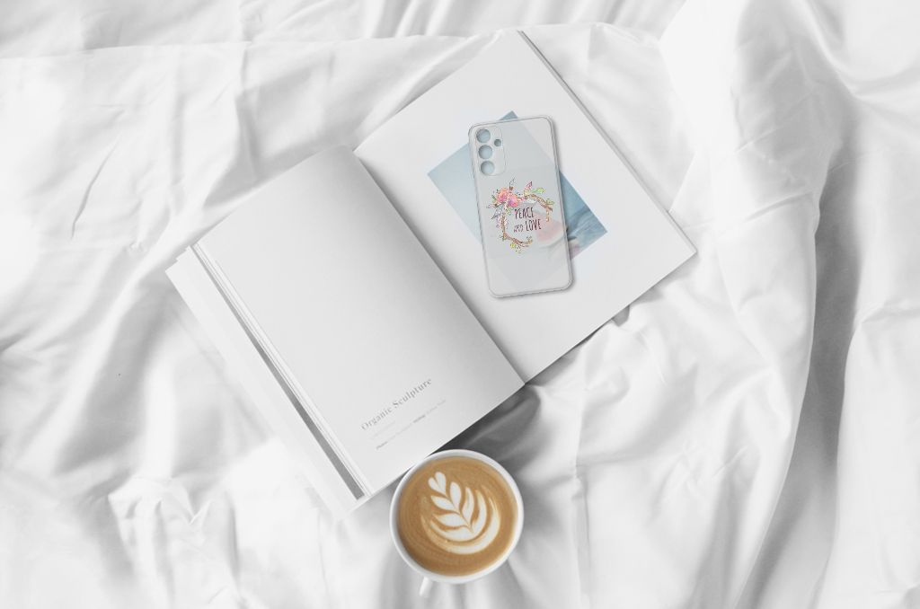 Samsung Galaxy A15 Telefoonhoesje met Naam Boho Text op een boek met een kop koffie.
