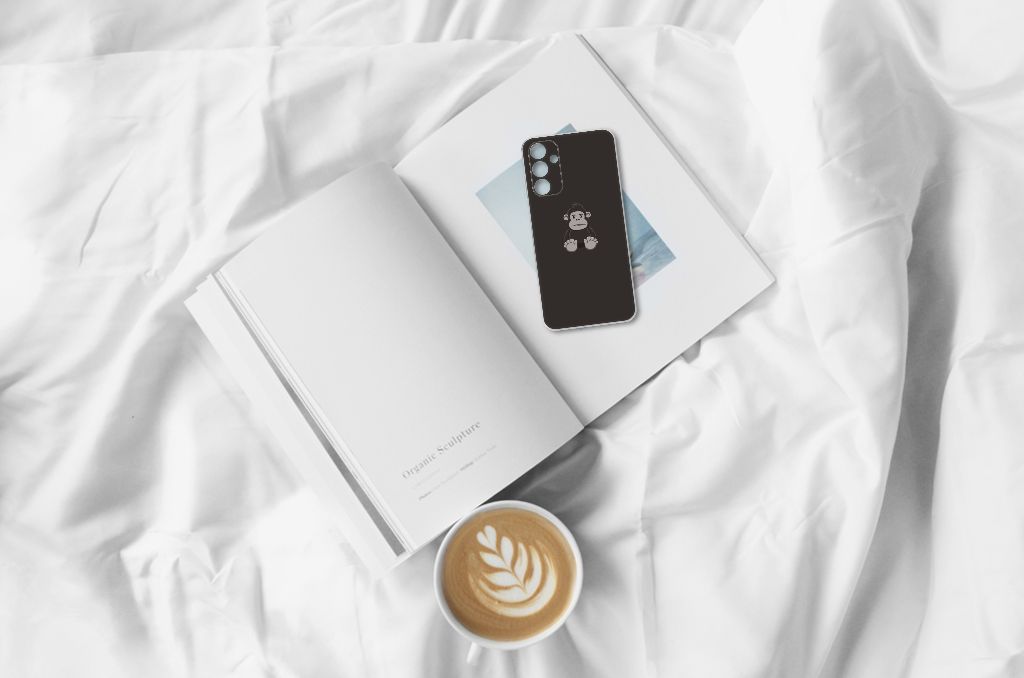Samsung Galaxy A15 Telefoonhoesje met Naam Gorilla telefoonhoesje bovenaanzicht boek koffie