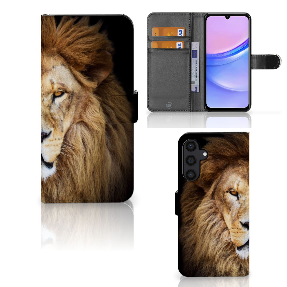Samsung Galaxy A15 Telefoonhoesje met Pasjes Leeuw voorkant achterkant aanzicht