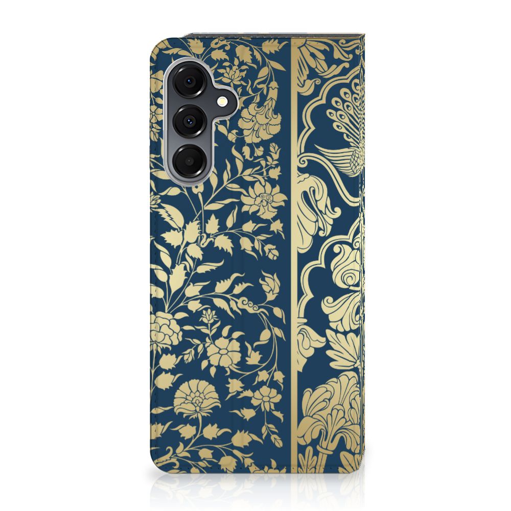 Samsung Galaxy A16 5G/4G Smart Cover Beige Flowers design bloemen donkerblauw zijde