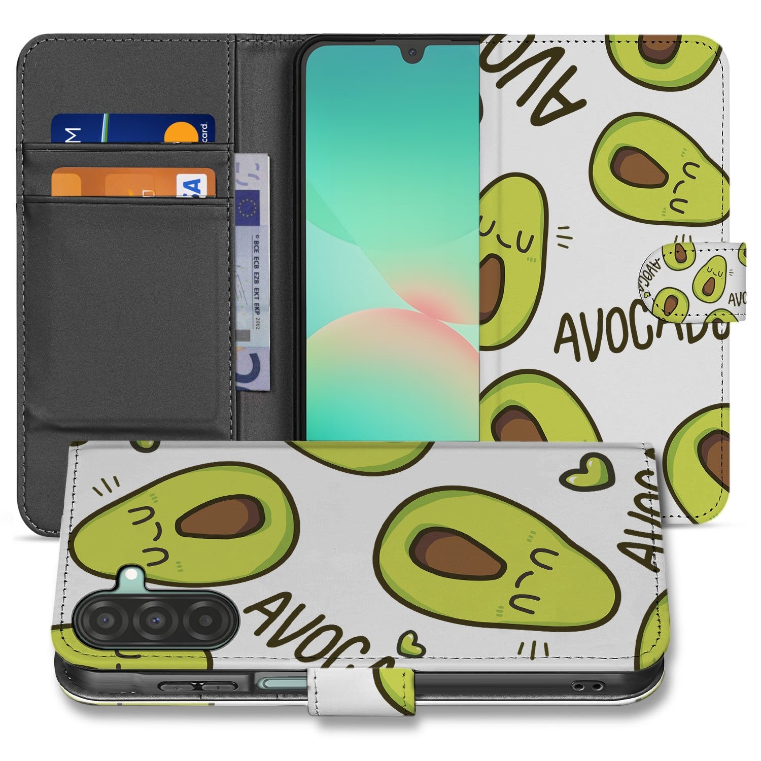 Samsung Galaxy A17 Avocado Hoesje Groen Met 3 Pasjes TPU avocado design boekhoes voorkant