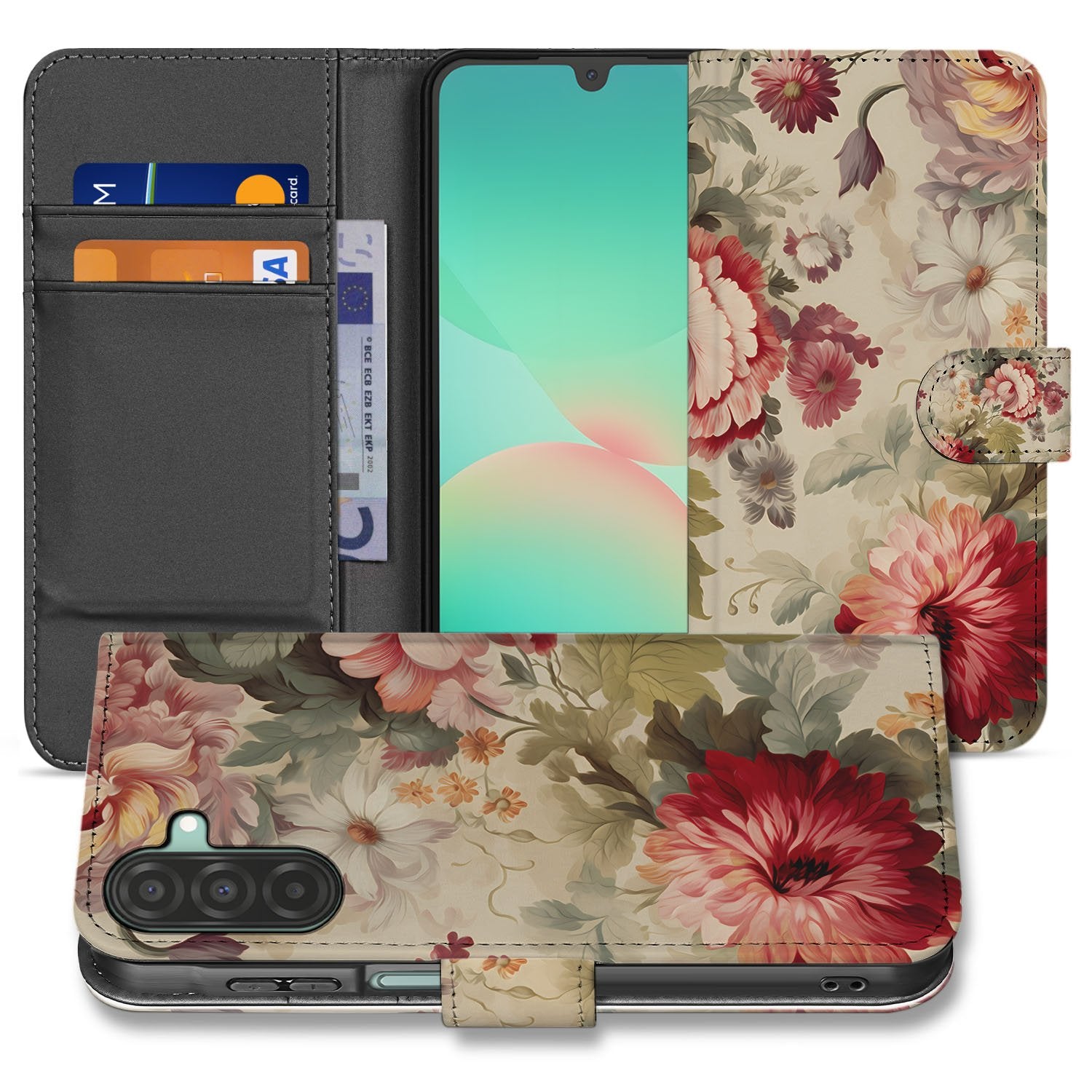 Samsung Galaxy A17 Bloemen Portemonnee Hoesje PU Leer 3 Pasjes boekhoesje bloemenprint grijze binnenvoering