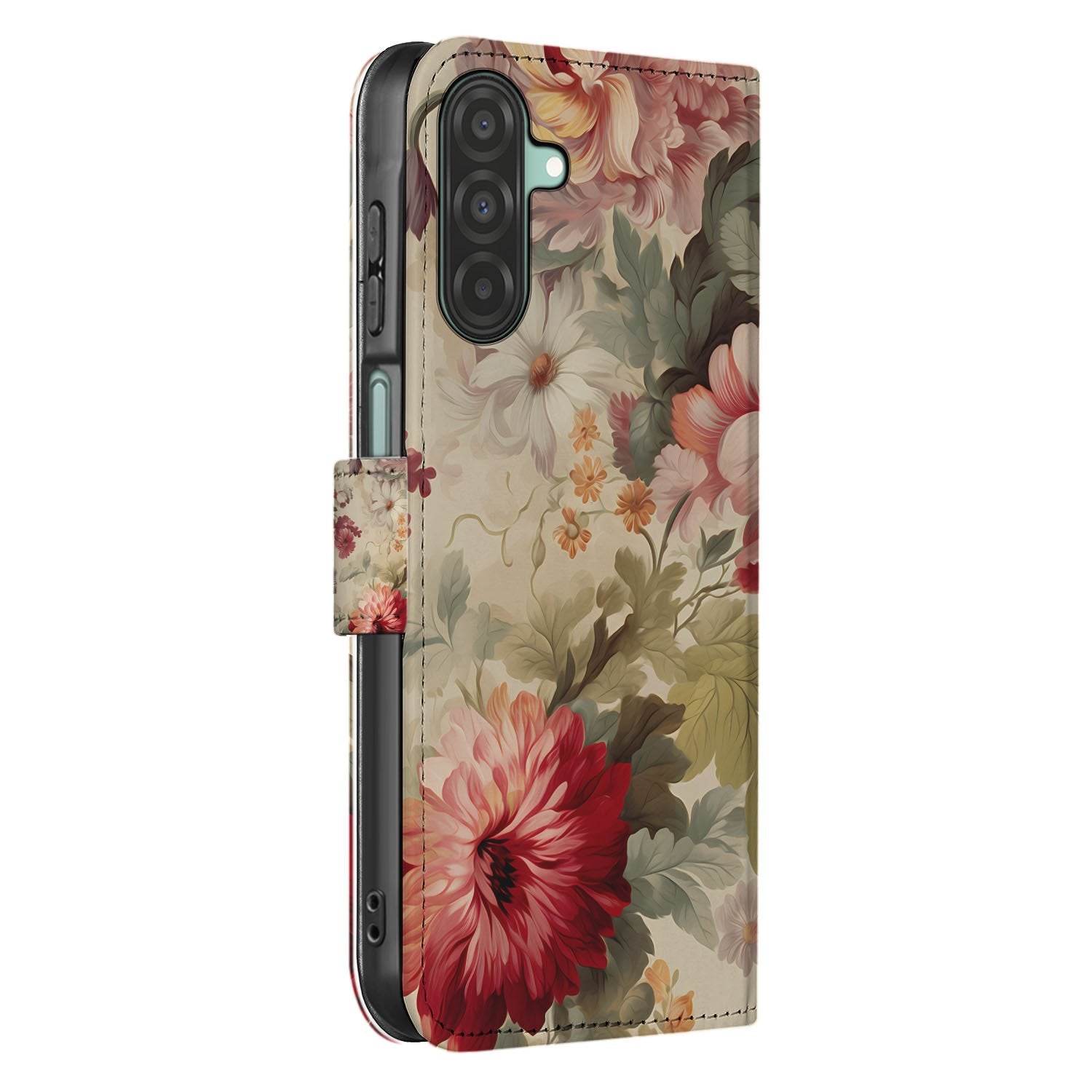 Samsung Galaxy A17 Bloemen Portemonnee Hoesje PU Leer 3 Pasjes bloemenprint zijkant