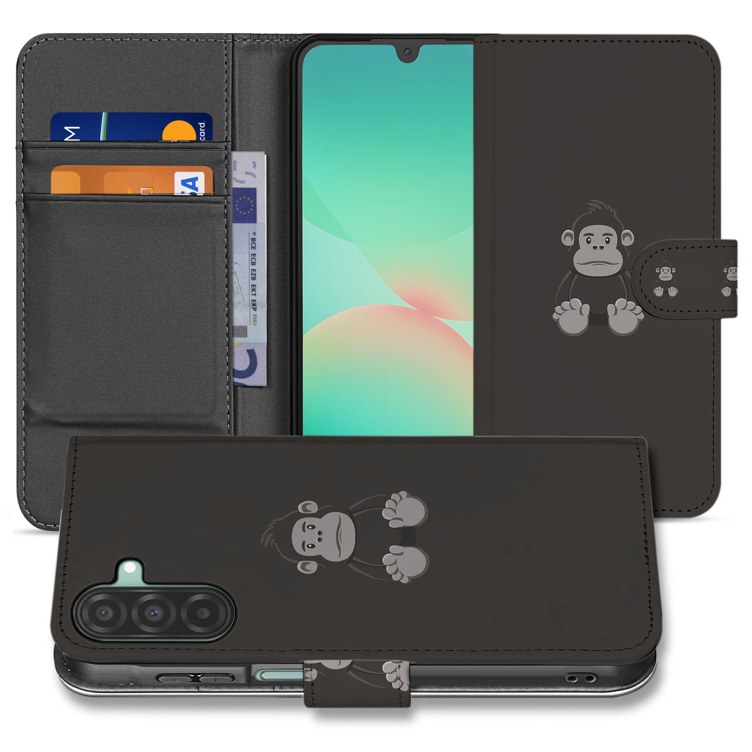 Samsung Galaxy A17 Boekhoes Flip Case Met Pasjes Gorilla Design binnenkant en buitenkant met gorillapatroon