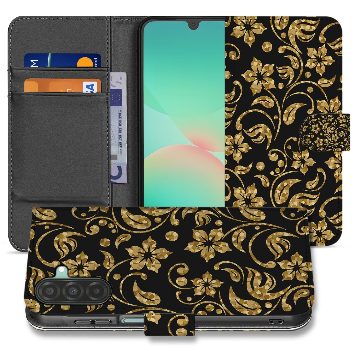 Samsung Galaxy A17 Boekhoes Gouden Bloemen Met Pasjesvak design zwart goud voorzijde