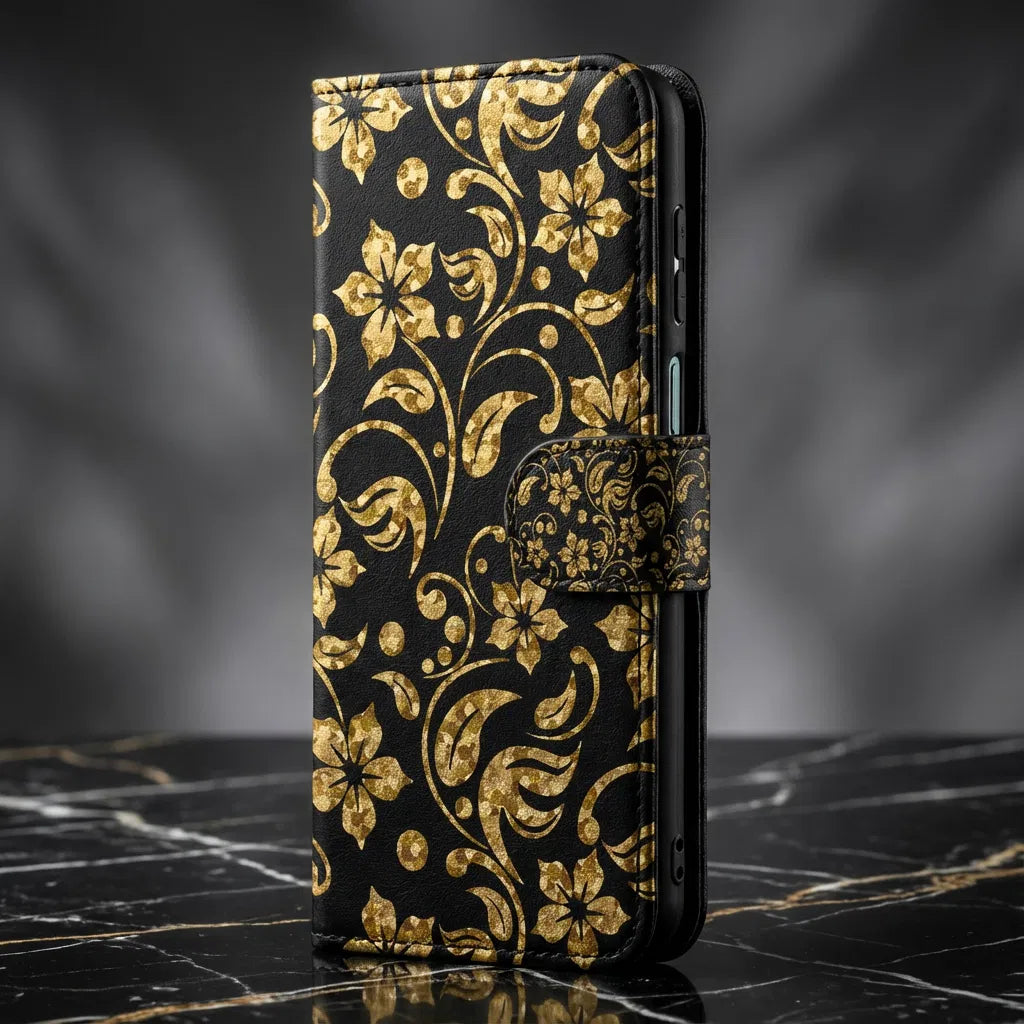 Samsung Galaxy A17 Boekhoes Gouden Bloemen Met Pasjesvak boekhoes goud bloemen zwart zijkant